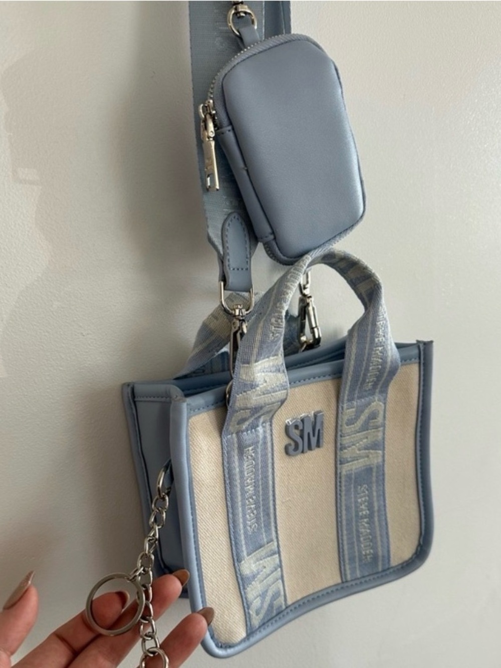 Steve Madden Mini Tote Blue and Cream Crossbody Bag